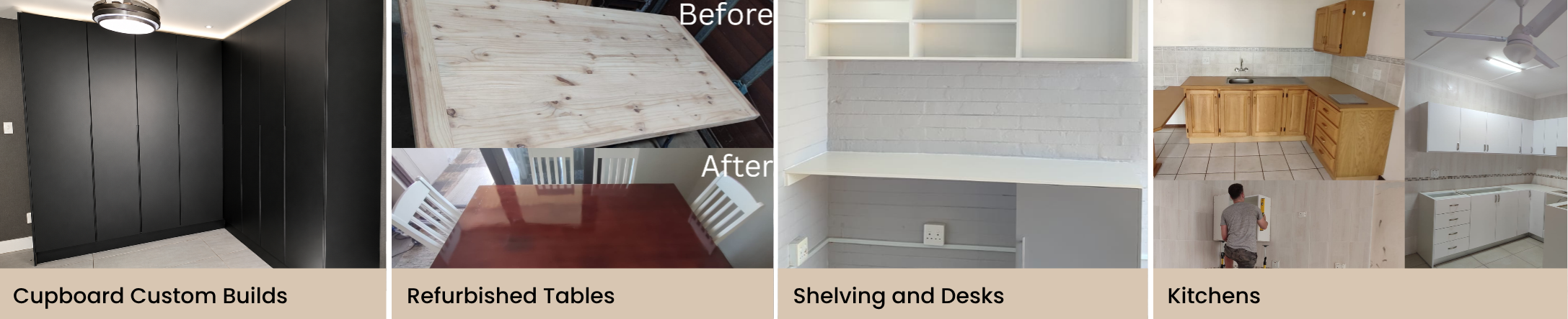 Featured Earthwood Crafts projects: cupboard custom builds, refurbished tables, shelving and desks, kitchens